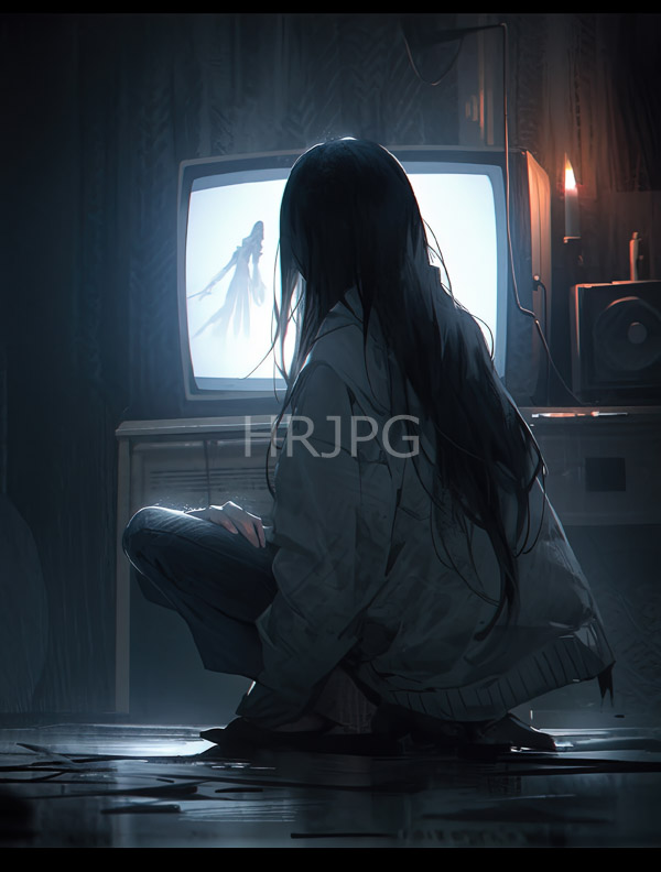 High Resolution: Dark moody scene girl long black hair wearing white jacket blue jeans sits floor facing glowing old-fashioned download. | HRJPG.com