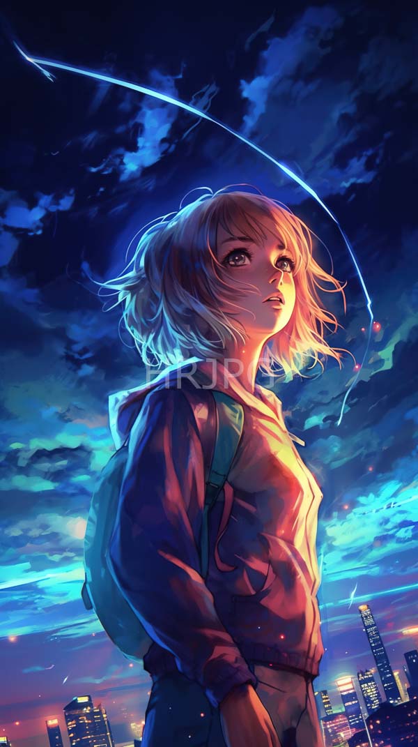 High Resolution: Anime-style young woman short wavy blonde hair wearing pink hoodie green backpack gazing upward glowing curved meteor vibrant twilight sky download. | HRJPG.com