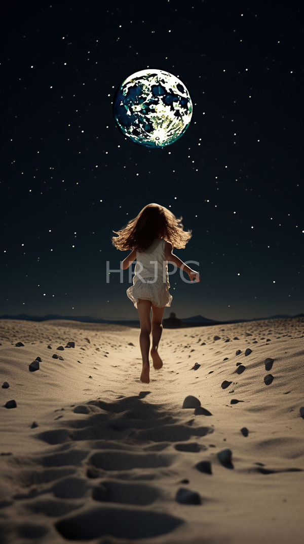 High Resolution: Young girl long brown hair wearing white sleeveless dress running barefoot through sandy desert night She centered facing away glowing Earth-like download. | HRJPG.com