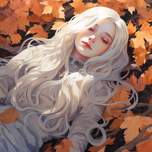 High Resolution: Pale-skinned white-haired woman closed eyes lying among vibrant orange autumn leaves She wears white high-collared dress long wavy hair download. | HRJPG.com