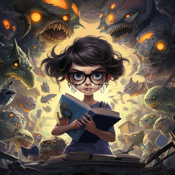 High Resolution: Fantasy young girl large blue eyes black glasses dark curly hair wearing purple dress earrings holds open book surrounded menacing glowing-eyed download. | HRJPG.com