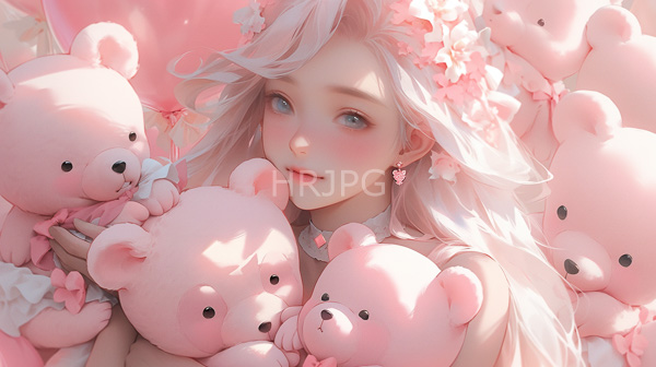 High Resolution: Pale-skinned blue-eyed young woman long flowing white hair surrounded numerous pink teddy bears She wears pink flower crown and heart-shaped download. | HRJPG.com