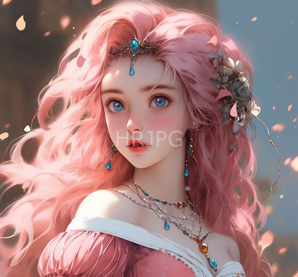 High Resolution: Beautiful fair-skinned pink-haired anime-style girl large blue eyes She wears off-shoulder pink dress adorned blue gemstone jewelry and floral download. | HRJPG.com