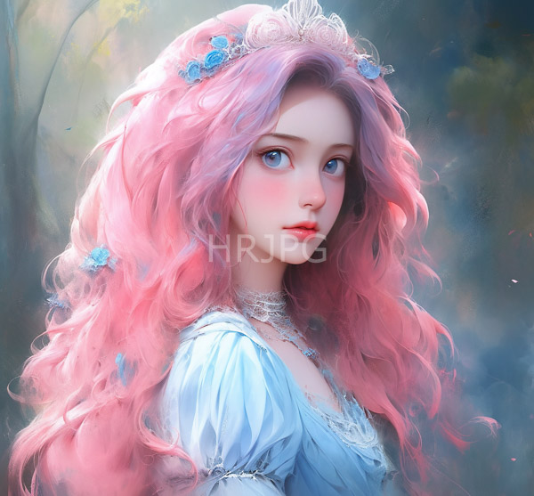 High Resolution: Young woman fair skin large blue eyes long wavy pink hair adorned blue flowers silver tiara She wears light blue lace-trimmed download. | HRJPG.com