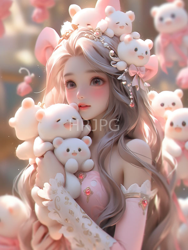 High Resolution: Beautiful fair-skinned anime-style girl long wavy silver hair wearing pink off-shoulder dress adorned gold and pink floral patterns She holds download. | HRJPG.com