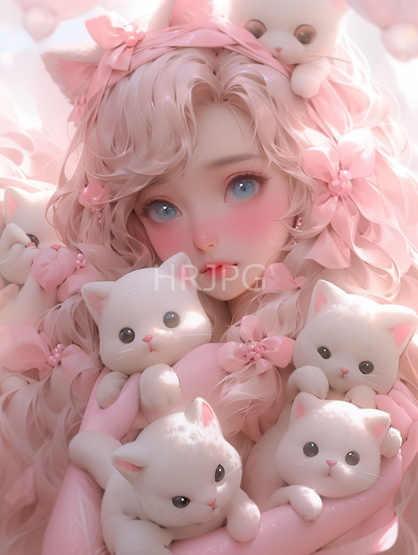 High Resolution: Cute pale-skinned anime girl large blue eyes pink blush wavy pink hair adorned cat ears and flowers She surrounded six small white download. | HRJPG.com