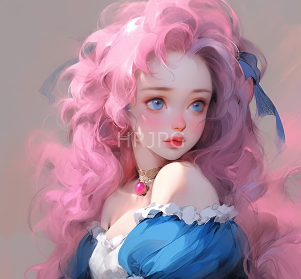 High Resolution: Young woman voluminous wavy pink hair blue eyes fair skin She wears blue off-shoulder dress white frills pink gemstone necklace blue download. | HRJPG.com