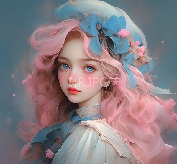 High Resolution: Young fair-skinned girl large blue eyes pink wavy hair She wears white frilled dress blue bow-adorned bonnet pink flowers download. | HRJPG.com
