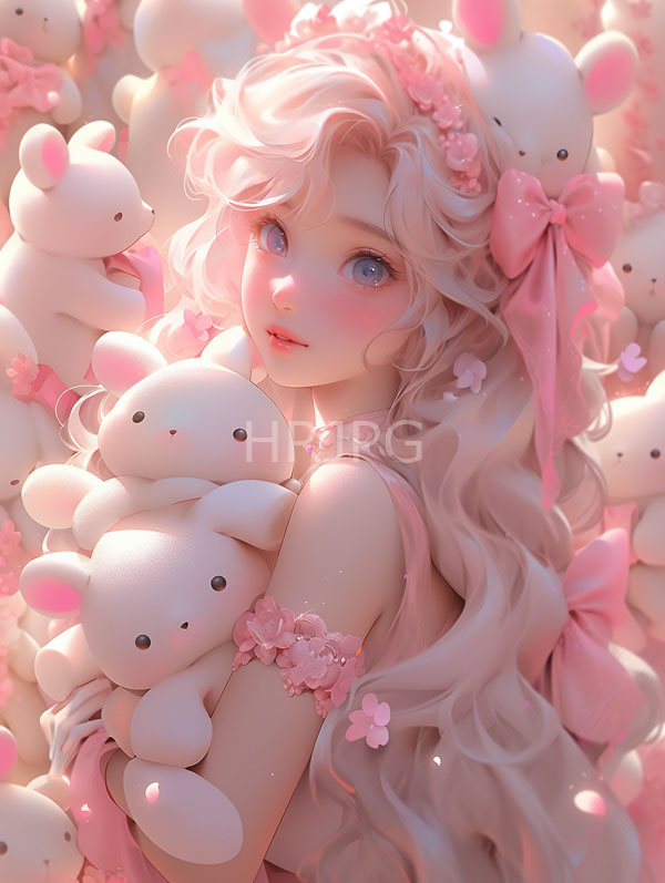 High Resolution: Delicate anime-style girl long wavy white hair blue eyes surrounded numerous white stuffed bears She wears pink bow her hair and download. | HRJPG.com