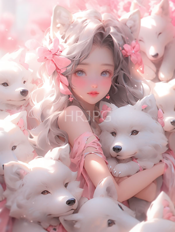 High Resolution: Young fair-skinned girl long wavy silver hair adorned pink bows surrounded numerous fluffy white puppies She wears pink off-shoulder dress download. | HRJPG.com