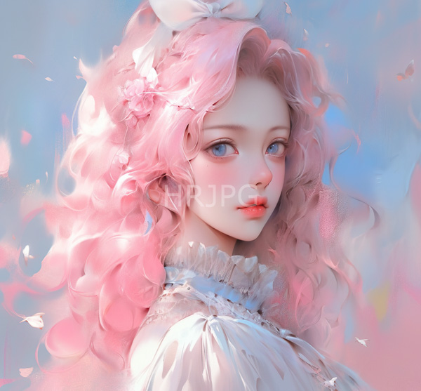 High Resolution: Delicate ethereal young woman pale skin pink wavy hair adorned white bow She has large expressive blue eyes pink lips She wears white download. | HRJPG.com