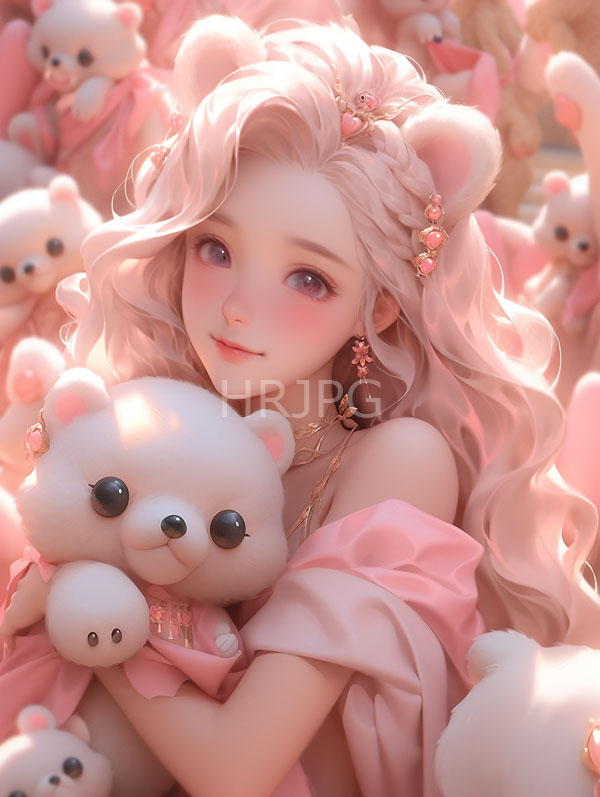 High Resolution: Young fair-skinned girl long wavy pink hair adorned bear ears floral hairpieces holding white teddy bear She wears pink off-shoulder dress and download. | HRJPG.com