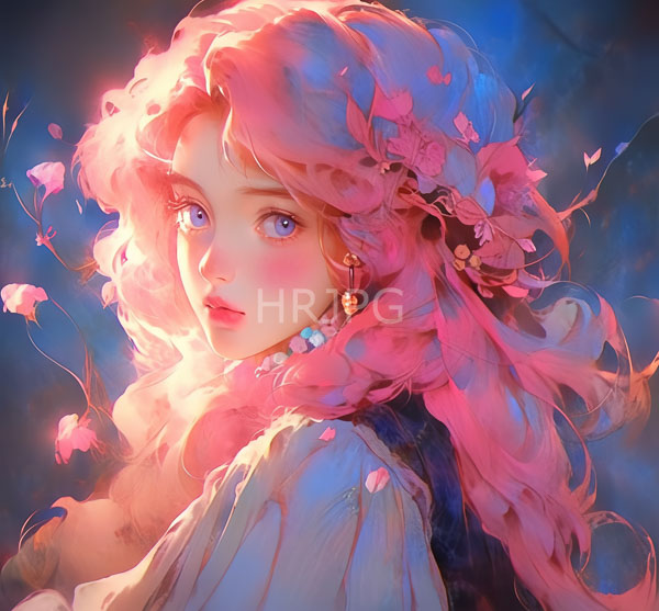High Resolution: Young woman flowing pink and purple hair adorned flowers blue eyes She wears white blouse floral headpiece set against dreamy blue and download. | HRJPG.com
