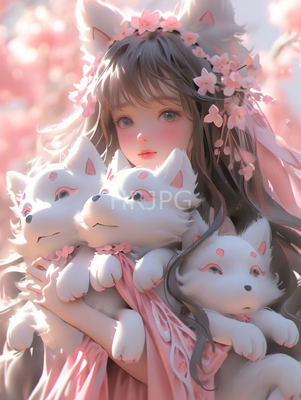 High Resolution: Young fair-skinned girl long wavy brown hair adorned pink cherry blossoms She has large expressive blue eyes and wears pink dress download. | HRJPG.com
