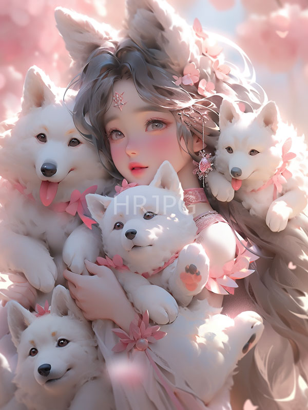 High Resolution: Delicate fair-skinned anime girl long flowing brown hair adorned pink flowers surrounded six fluffy white Shiba Inu puppies She wears pink download. | HRJPG.com