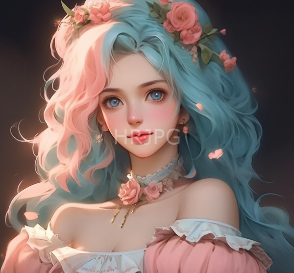 High Resolution: Beautiful young woman long wavy pastel pink and teal hair adorned pink roses She has large expressive blue eyes fair skin and download. | HRJPG.com