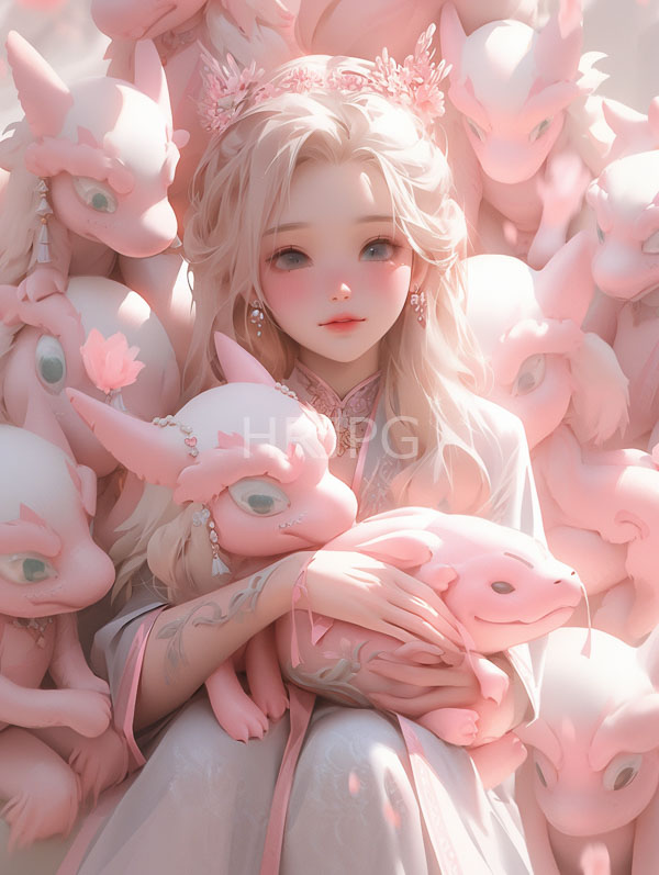 High Resolution: Young fair-skinned blonde girl delicate features pink blush surrounded numerous soft pink dragon-like creatures She wears pink floral crown and download. | HRJPG.com