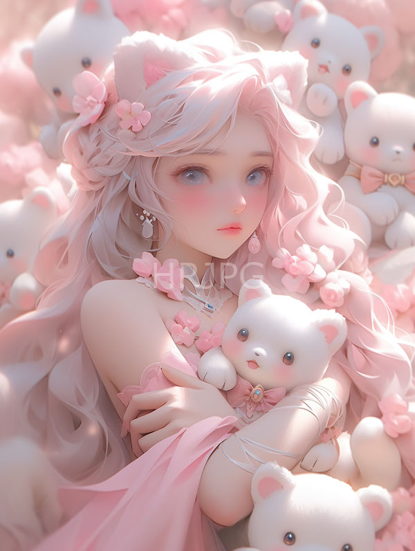 High Resolution: Pale-skinned blue-eyed pink-haired anime girl cat ears surrounded white fluffy teddy bears adorned pink bows She wears pink off-shoulder dress download. | HRJPG.com
