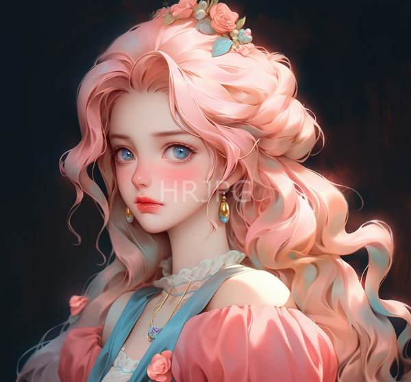 High Resolution: Young woman pale skin large blue eyes pink wavy hair adorned flowers She wears pink off-shoulder dress puffed sleeves lace choker download. | HRJPG.com