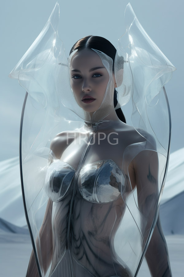 High Resolution: Pale-skinned blue-eyed woman dark hair wearing transparent wing-like plastic garment that reveals her small breasts toned physique She stands snowy download. | HRJPG.com
