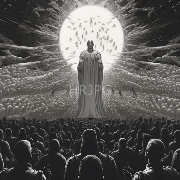 High Resolution: Black-and-white radiant robed figure standing bright glowing circular light surrounded clouds Thousands smaller figures surround central figure ascending download. | HRJPG.com