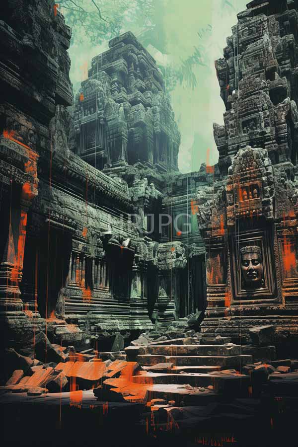 High Resolution: Ancient overgrown stone temple intricate carvings featuring central partially collapsed structure visible human face carving right surrounded moss download. | HRJPG.com