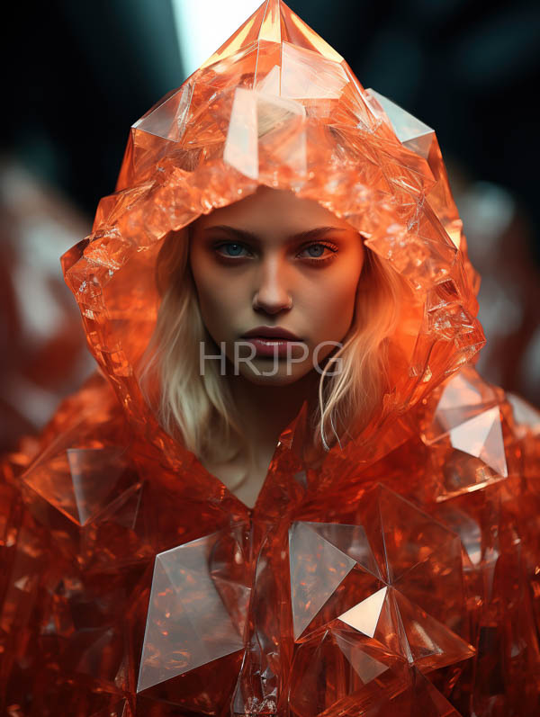 High Resolution: Photorealistic blonde woman piercing blue eyes wearing translucent orange geometric-patterned hooded cloak cloak's angular crystalline design contrasts download. | HRJPG.com