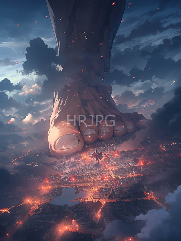 High Resolution: Colossal giant foot detailed toes towering over cityscape foot textured rugged skin casts shadow over illuminated burning buildings download. | HRJPG.com