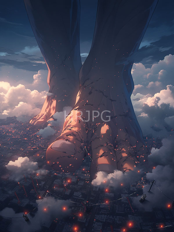 High Resolution: Colossal human feet towering over cityscape surrounded fluffy clouds detailed cracks shadows dominate scene casting warm orange glow download. | HRJPG.com