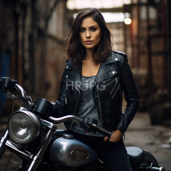 High Resolution: Confident dark-haired woman medium skin tone striking features wearing black leather jacket gray tank top standing beside silver motorcycle dimly lit download. | HRJPG.com