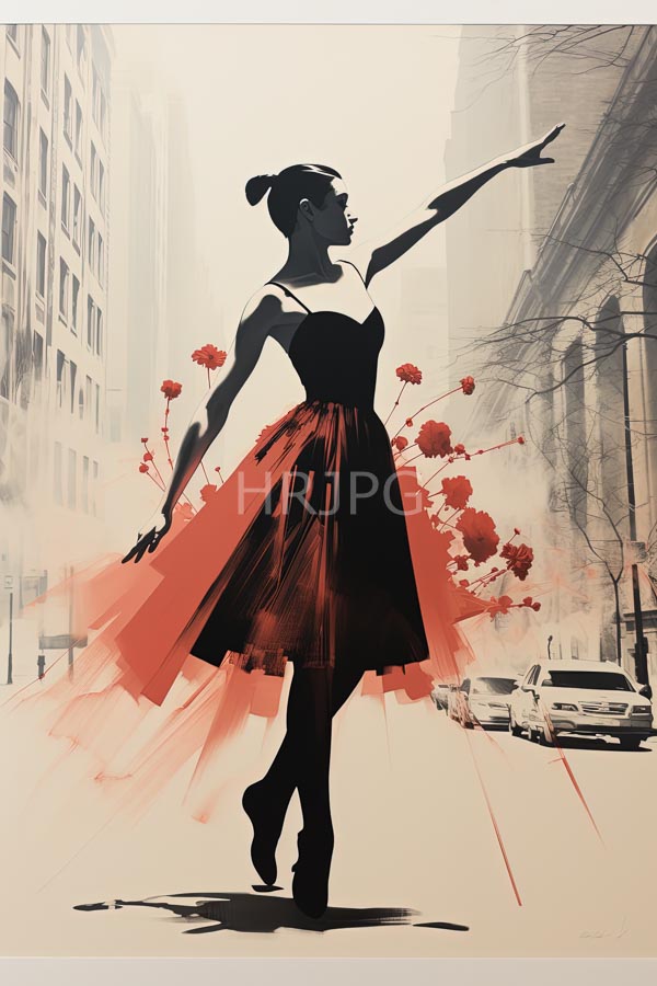 High Resolution: Silhouetted woman black sleeveless knee-length dress red tulle skirt She has her hair bun and points forward her right arm Red flowers download. | HRJPG.com