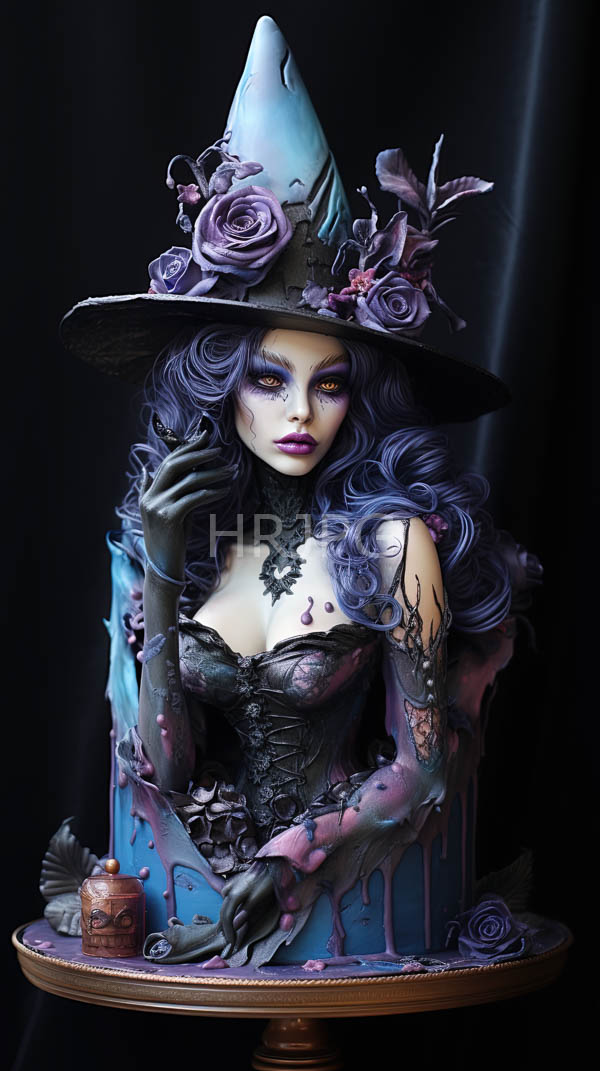 High Resolution: Photorealistic gothic witch pale skin purple wavy hair glowing yellow eyes She wears pointed blue-tinted hat adorned purple roses black lace download. | HRJPG.com