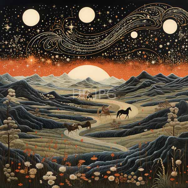 High Resolution: Surreal starry night landscape rolling mountains winding path herd horses varying color from black brown traverses path download. | HRJPG.com