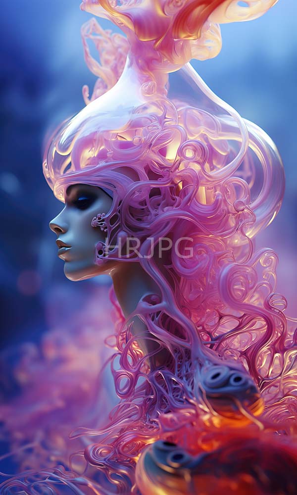 High Resolution: Surreal ethereal female figure pale blue skin profile facing left She has flowing pink and purple smoke-like hair and wears translucent download. | HRJPG.com