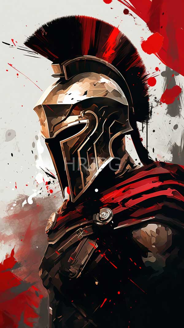 High Resolution: Roman legionnaire detailed metallic Corinthian helmet black plume and red cape figure depicted dynamic heroic pose splashes red and black download. | HRJPG.com