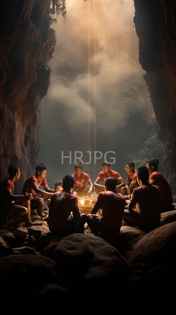 High Resolution: Eight Asian men red shirts seated cave glowing campfire They surrounded rocky walls and misty forested background vertical waterfall download. | HRJPG.com