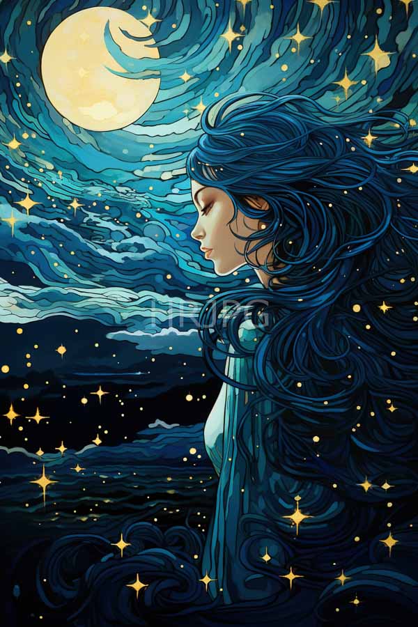 High Resolution: Serene profile-view woman flowing dark blue hair gazing glowing full moon She wears light blue long-sleeved garment night sky filled download. | HRJPG.com