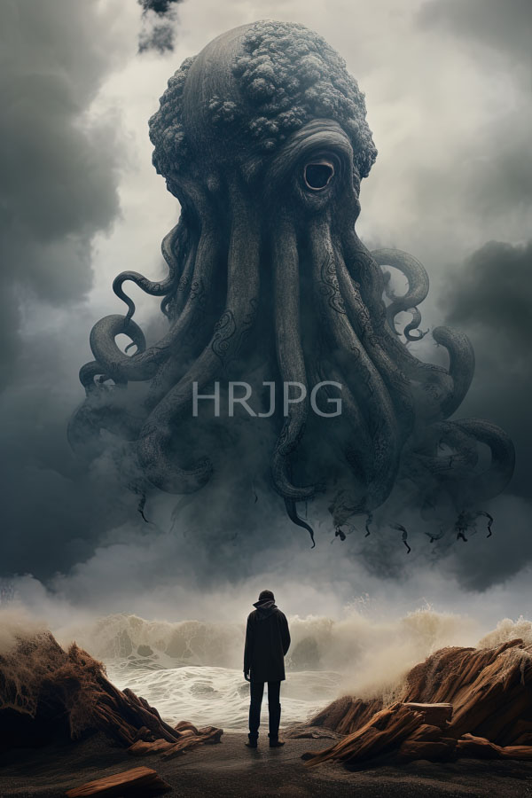 High Resolution: Lone figure dark coat and hat standing rocky path gazing up massive textured gray octopus curled tentacles and large expressive download. | HRJPG.com