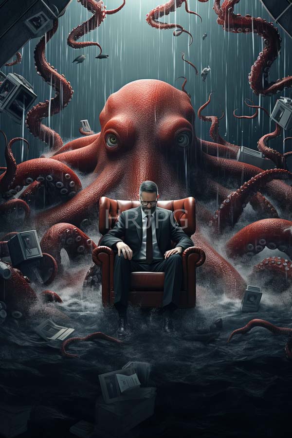 High Resolution: Serious middle-aged man black suit and tie seated red leather armchair facing massive red octopus large expressive eyes Rain falls download. | HRJPG.com