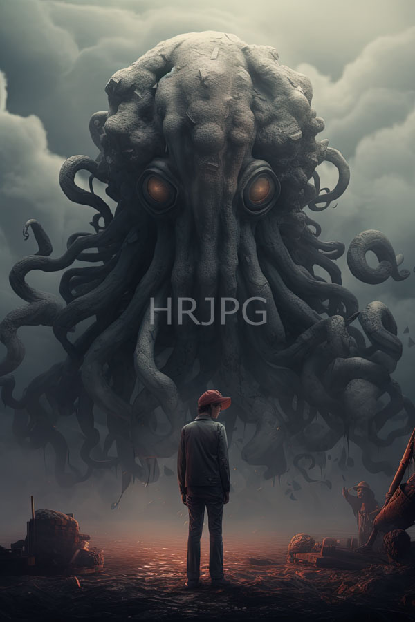 High Resolution: Small human figure red hair gray jacket standing desolate muddy landscape facing massive gray tentacled sea monster glowing orange eyes download. | HRJPG.com