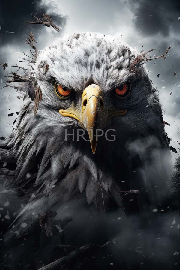 High Resolution: Fierce realistic eagle intense orange eyes sharp yellow beak eagle's white and gray feathers detailed and textured some feathers breaking download. | HRJPG.com