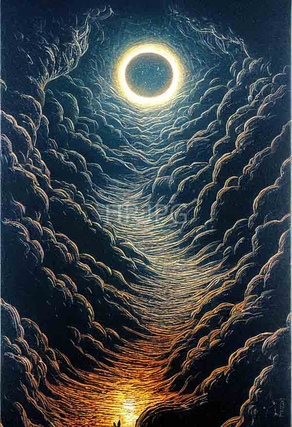 High Resolution: Surreal night sky scene glowing circular sun-like object centered top surrounded swirling textured clouds shades dark blue and black download. | HRJPG.com