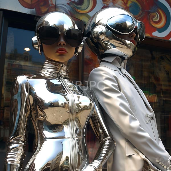 High Resolution: Two reflective silver mannequins mirrored helmets and sunglasses female mannequin wears tight shiny metallic dress male mannekin silver suit download. | HRJPG.com