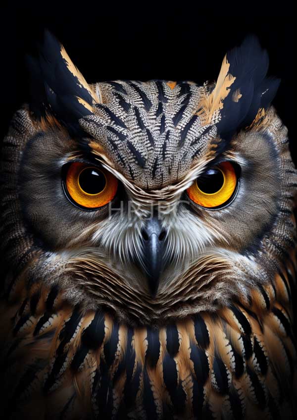 High Resolution: Highly detailed owl's face against black background owl striking large vivid orange eyes dark pupils intricate brown and black feather download. | HRJPG.com