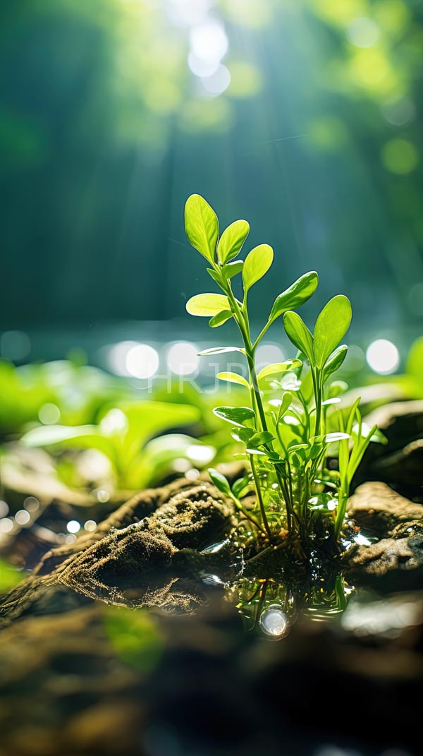 High Resolution: Small vibrant green plant slender leaves emerging wet muddy soil Sunlight filters through blurred green forest creating bokeh effect download. | HRJPG.com