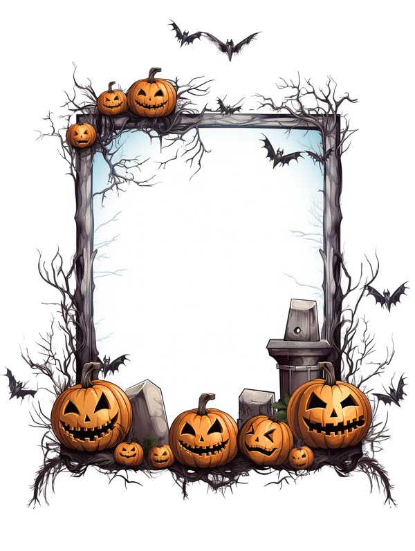 High Resolution: Halloween-themed frame rectangular made twisted leafless black branches features six carved pumpkins variously sized toothy grins some triangular download. | HRJPG.com