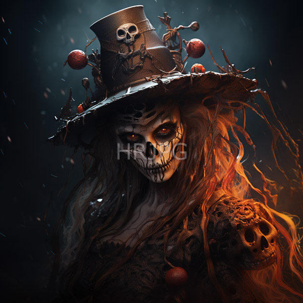 High Resolution: Dark eerie figure skeletal face glowing orange eyes long tangled hair figure wears tattered top hat adorned skull small dolls and download. | HRJPG.com
