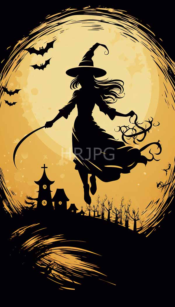 High Resolution: Halloween theme silhouetted witch flowing hair pointed hat flying against large glowing yellow full moon She holds curved staff and download. | HRJPG.com