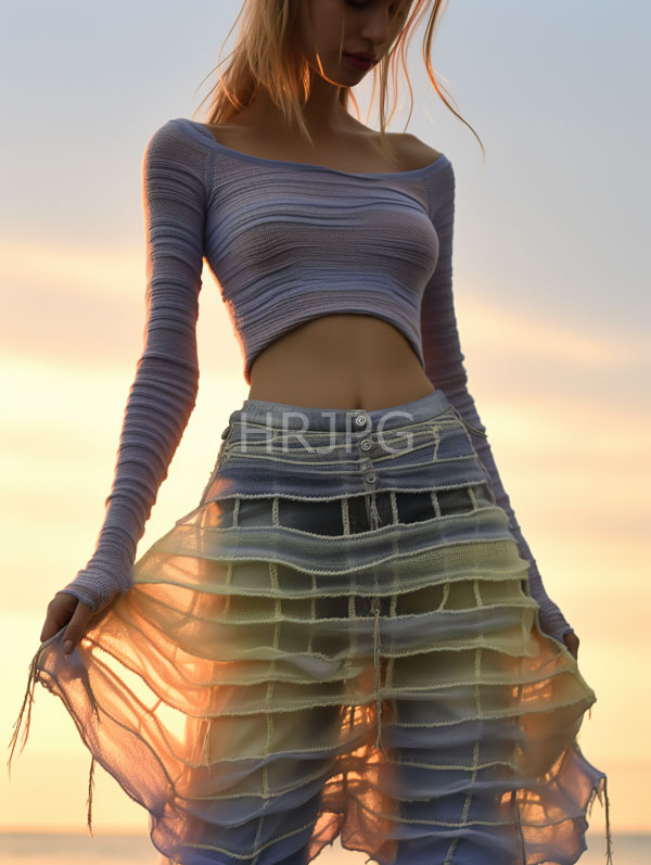 High Resolution: Blonde woman light skin standing against sunset sky She wears long-sleeve off-shoulder lavender crop top layered sheer pastel-colored skirt download. | HRJPG.com