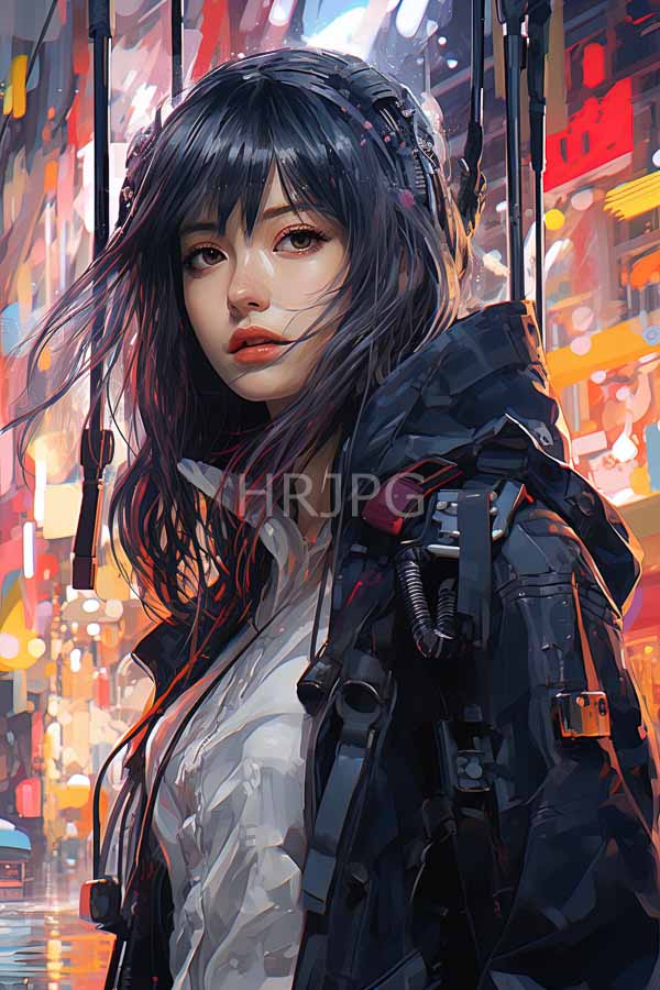 High Resolution: Asian woman long black slightly wavy hair wearing white button-up shirt black futuristic jacket straps and cables She has serious expression download. | HRJPG.com